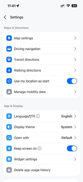 NAVER Map settings screen on an iPhone with the Language option set to English